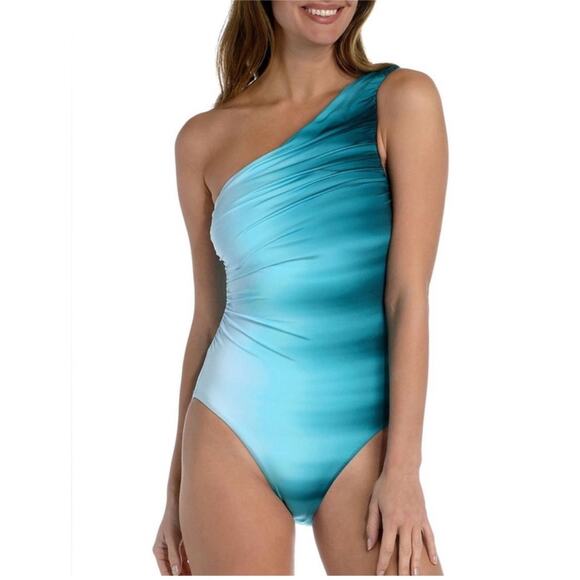 La Blanca Swimsuit Size 12 Ocean One Shoulder One Piece Ombre Shirred Blue NWT - Picture 1 of 16